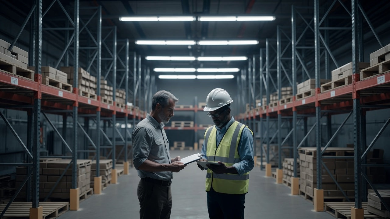 A facility manager and an electrical contractor review project paperwork on a clipboard and tablet beneath newly installed LED high bay fixtures in a warehouse.
