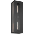 The Chatham 2 Light Outdoor Wall Mount by Access Lighting features a rectangular black design with a vertical glass window that reveals exposed tubular bulbs inside.