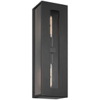 The Chatham 2 Light Outdoor Wall Mount by Access Lighting features a rectangular black design with a vertical glass window that reveals exposed tubular bulbs inside.
