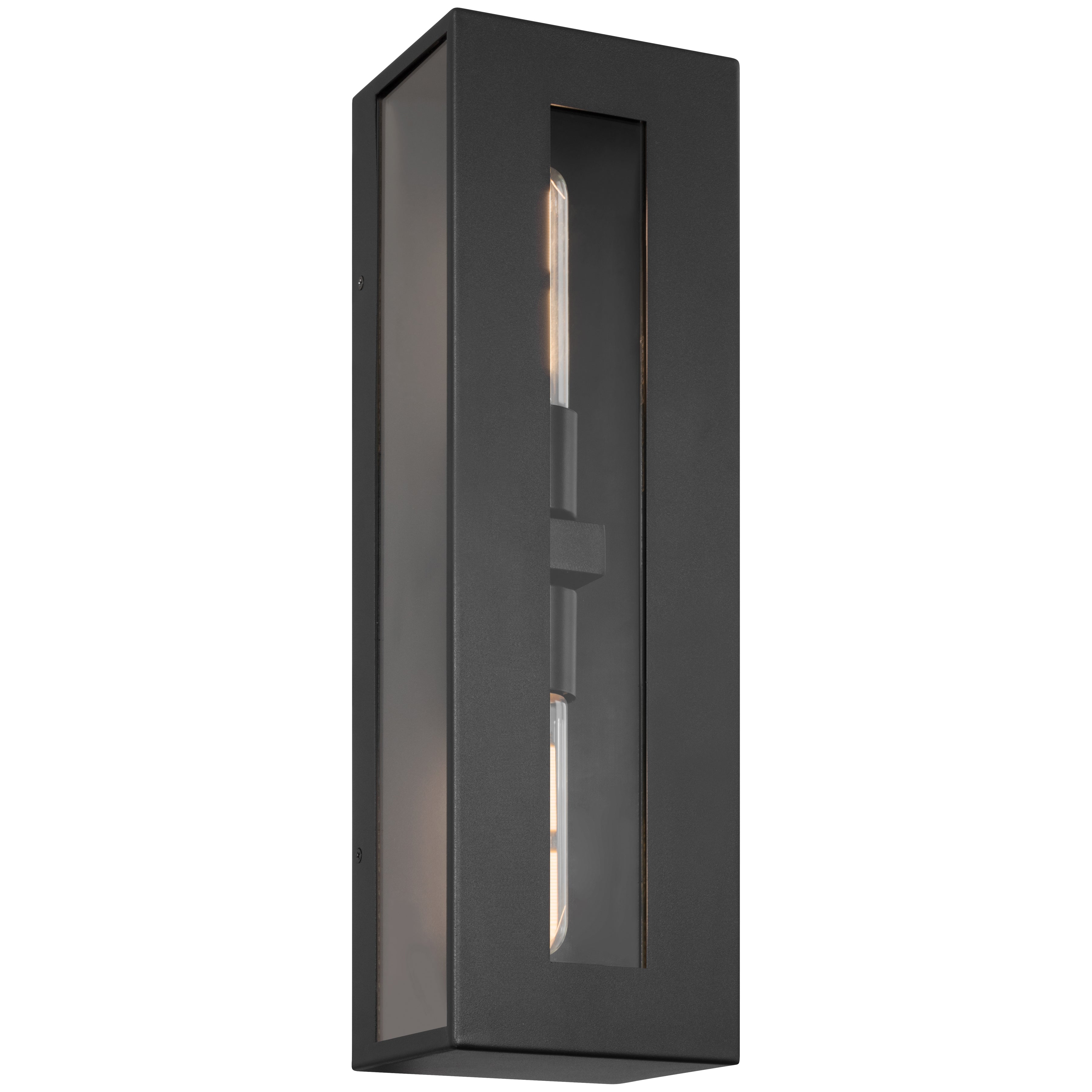 The Chatham 2 Light Outdoor Wall Mount by Access Lighting features a rectangular black design with a vertical glass window that reveals exposed tubular bulbs inside.