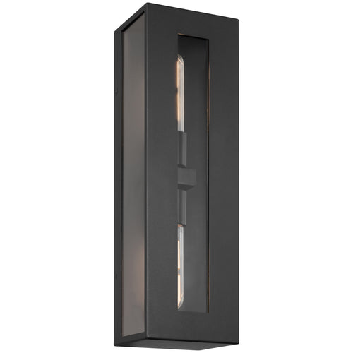 The Chatham 2 Light Outdoor Wall Mount by Access Lighting features a rectangular black design with a vertical glass window that reveals exposed tubular bulbs inside.