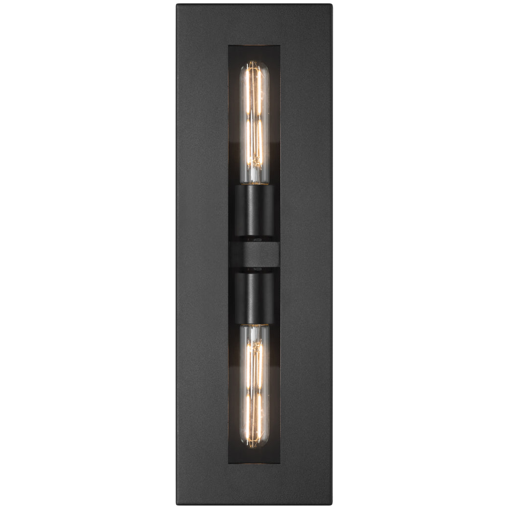 The Chatham 2 Light Outdoor Wall Mount by Access Lighting features a rectangular black design with two vertically aligned exposed tube bulbs set inside a recessed central panel.