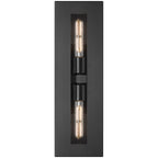 The Chatham 2 Light Outdoor Wall Mount by Access Lighting features a rectangular black design with two vertically aligned exposed tube bulbs set inside a recessed central panel.