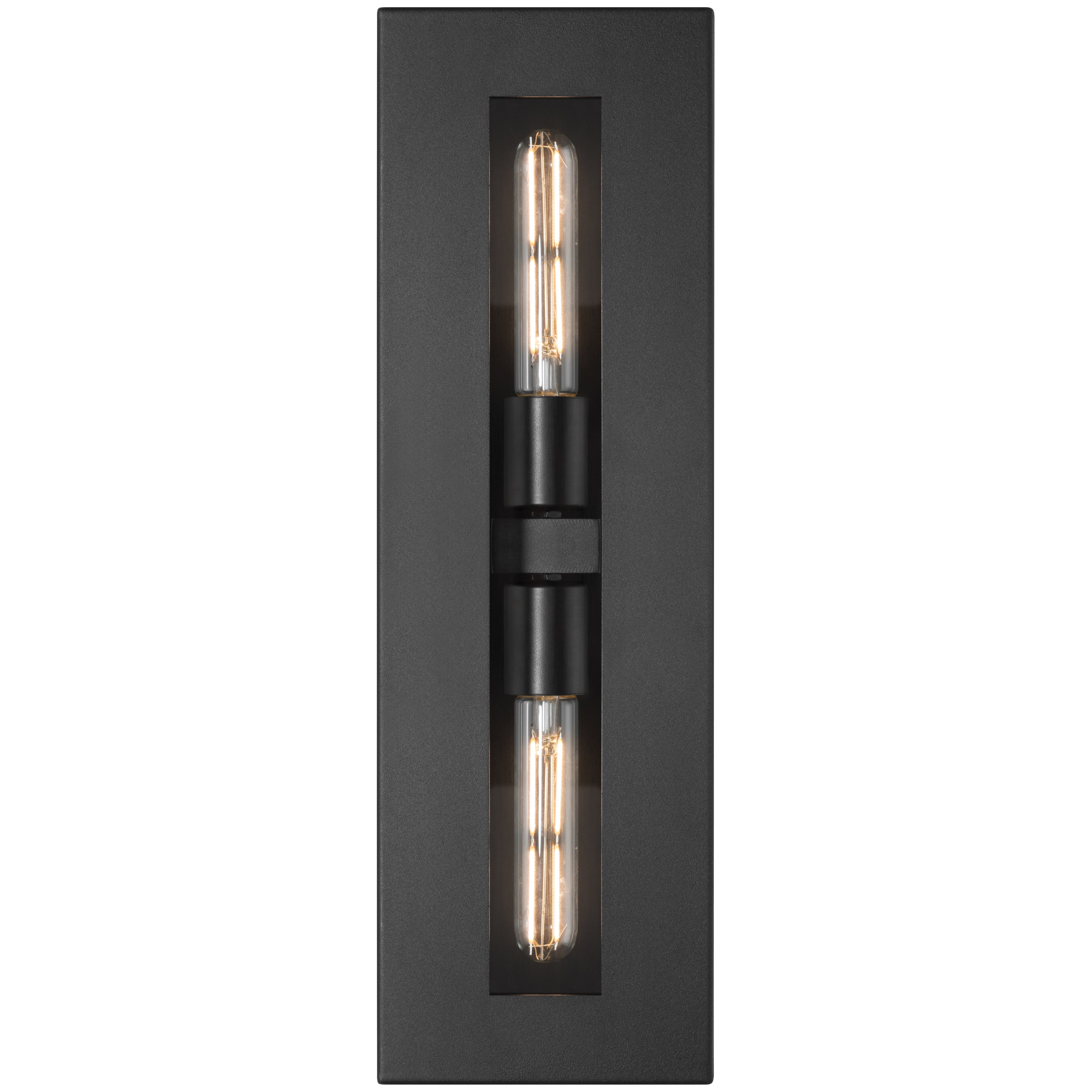 The Chatham 2 Light Outdoor Wall Mount by Access Lighting features a rectangular black design with two vertically aligned exposed tube bulbs set inside a recessed central panel.
