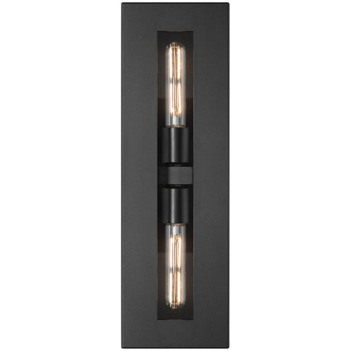 The Chatham 2 Light Outdoor Wall Mount by Access Lighting features a rectangular black design with two vertically aligned exposed tube bulbs set inside a recessed central panel.