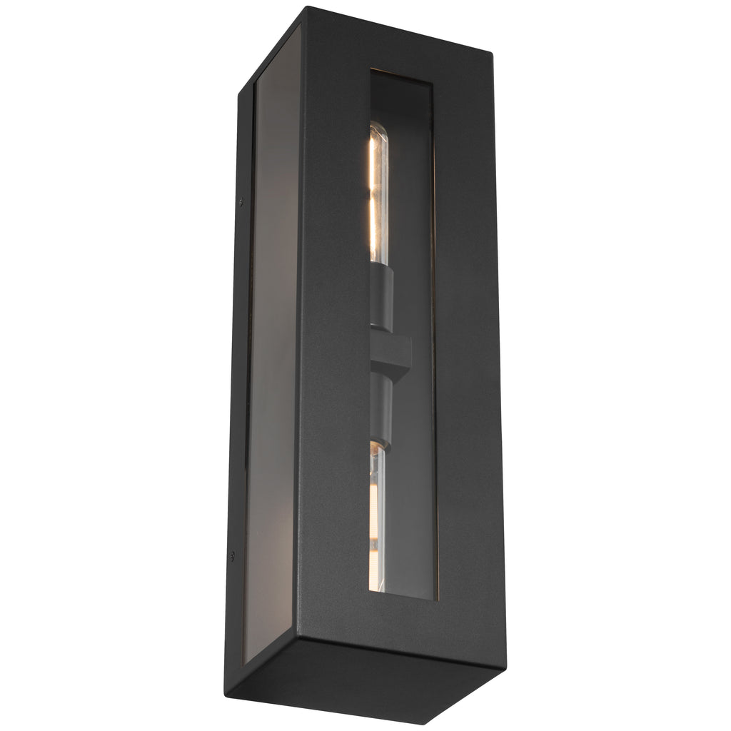 Chatham 2 Light Outdoor Wall Mount by Access Lighting features a rectangular black frame with a clear vertical glass window that showcases two exposed bulbs inside, displayed against a white background.