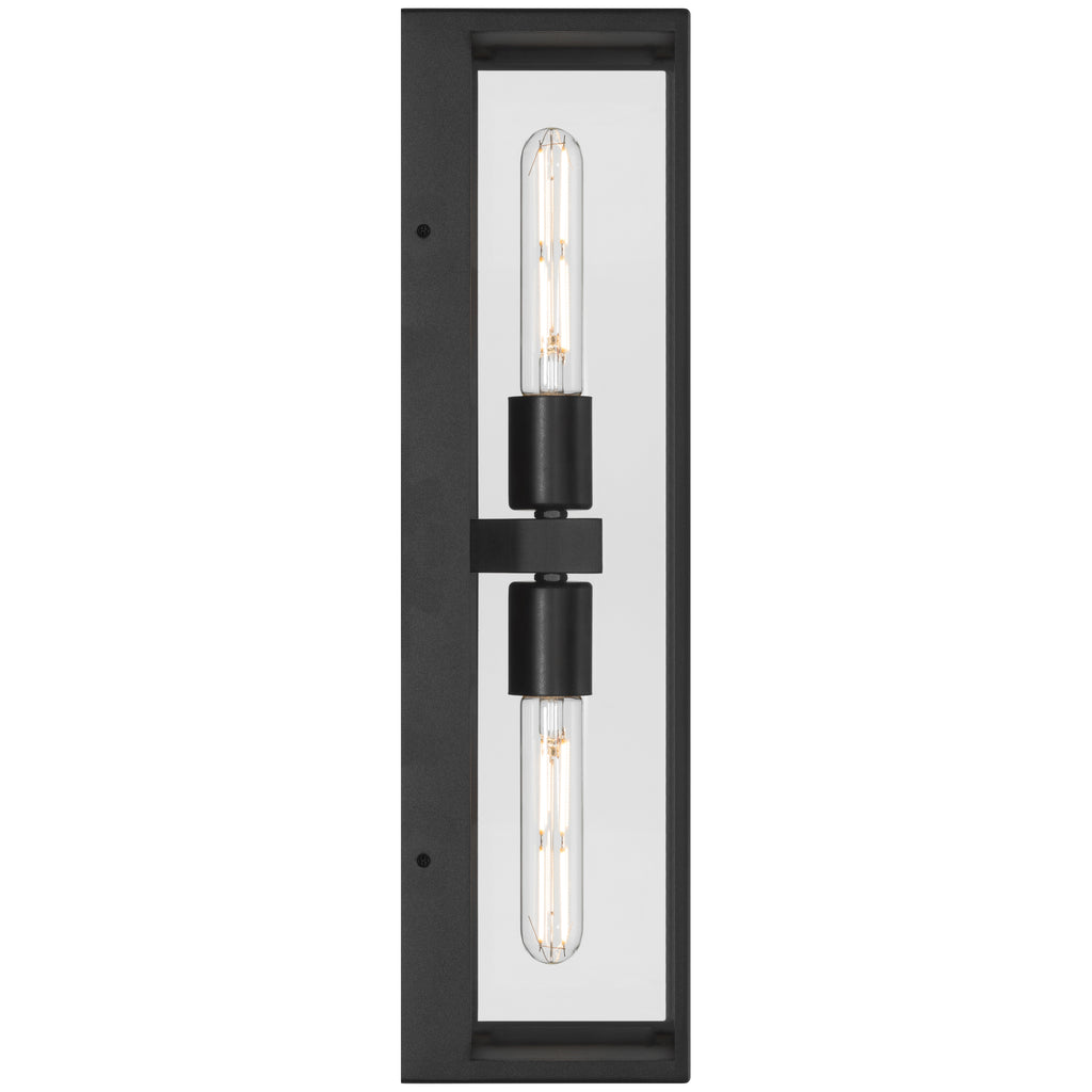 Chatham 2 Light Outdoor Wall Mount by Access Lighting features a rectangular black frame with a clear glass panel and two vertical tubular bulbs centrally mounted.