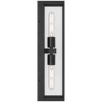 Chatham 2 Light Outdoor Wall Mount by Access Lighting features a rectangular black frame with a clear glass panel and two vertical tubular bulbs centrally mounted.
