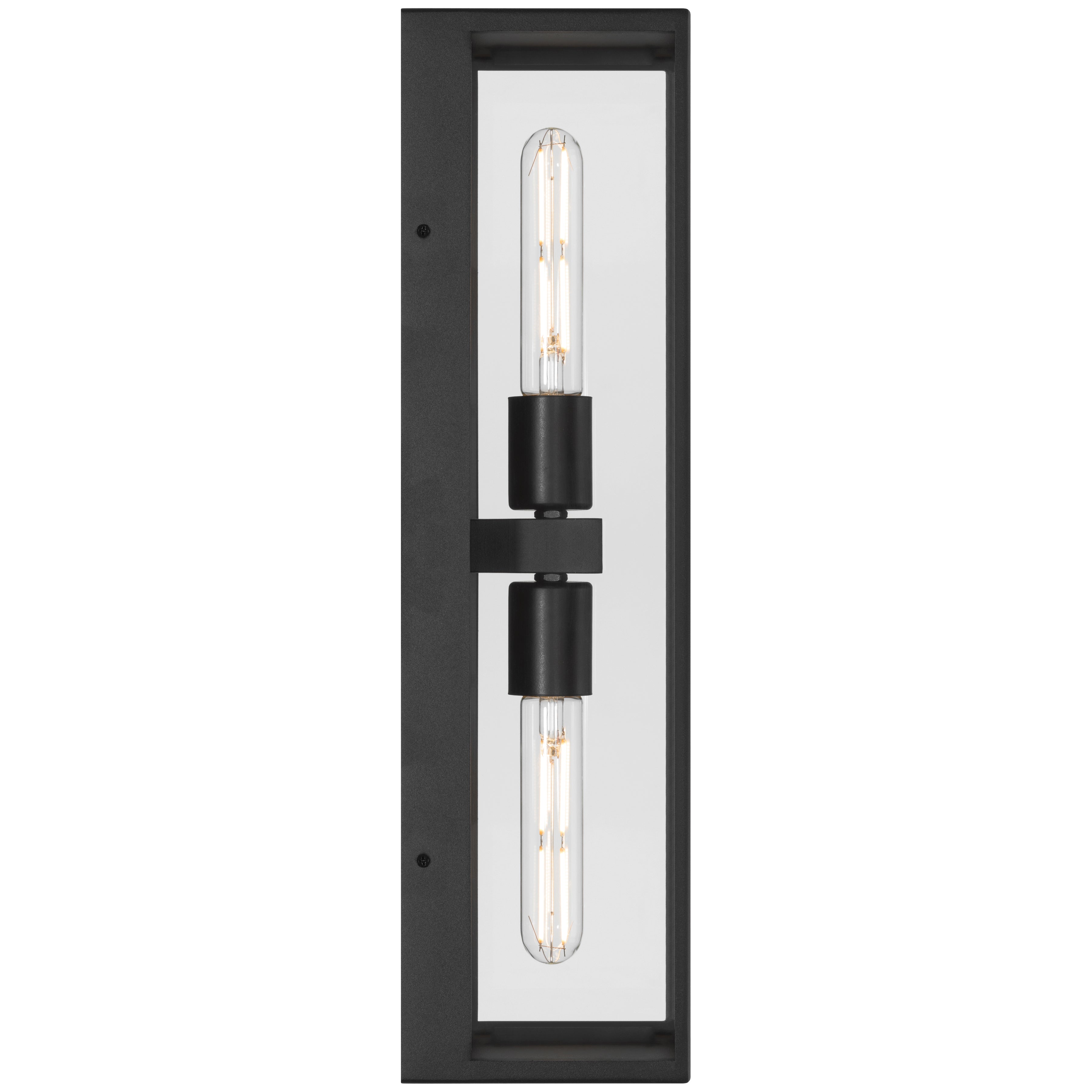 Chatham 2 Light Outdoor Wall Mount by Access Lighting features a rectangular black frame with a clear glass panel and two vertical tubular bulbs centrally mounted.