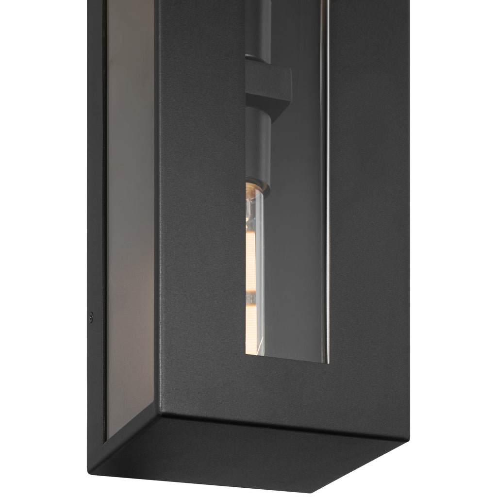Close-up of the Access Lighting Chatham 2 Light Outdoor Wall Mount, a modern black rectangular outdoor wall fixture with visible bulbs inside, viewed from a downward angle.