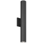 The Access Lighting Sunset Bi-Directional Outdoor LED Wall Washer, Black (19977LEDMG), is a modern black cylindrical wall sconce featuring a square wall mount and vertical orientation, designed for up and down lighting.