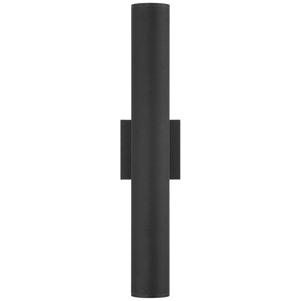 A black vertical cylindrical wall-mounted light fixture, the Sunset Bi-Directional Outdoor LED Wall Washer by Access Lighting (19977LEDMG), with a rectangular base, shown against a white background.