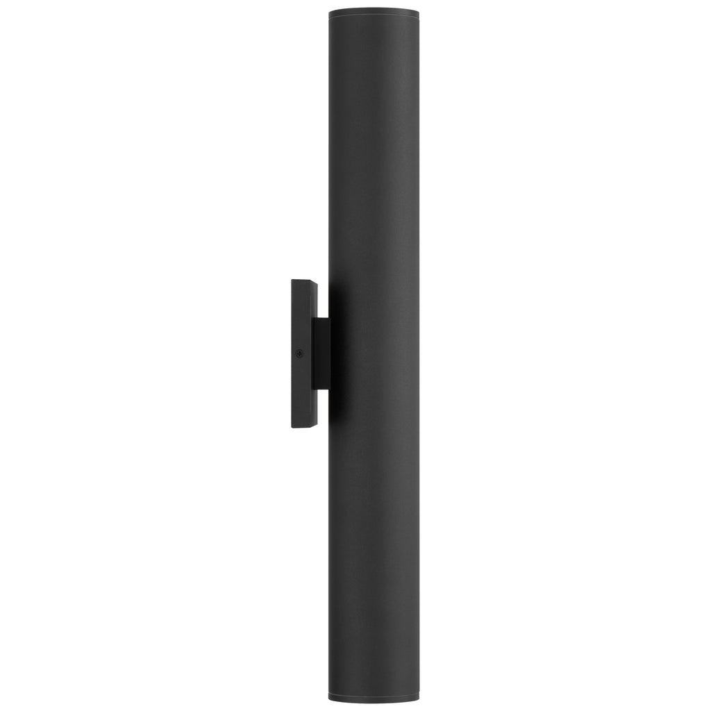 A tall, cylindrical black Sunset Bi-Directional Outdoor LED Wall Washer (19977LEDMG) by Access Lighting, featuring a rectangular mounting plate and shown against a white background.