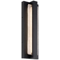 The Riviera LED Outdoor Wall Mount by Access Lighting features a rectangular black design with a vertical frosted glass center panel, illuminated from within and shown mounted against a white background.