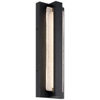 The Riviera LED Outdoor Wall Mount by Access Lighting features a rectangular black design with a vertical frosted glass center panel, illuminated from within and shown mounted against a white background.