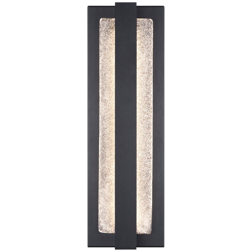 The Riviera LED Outdoor Wall Mount by Access Lighting features a rectangular design with a textured glass center, bordered by a matte black frame and accented by a vertical black strip down the middle.