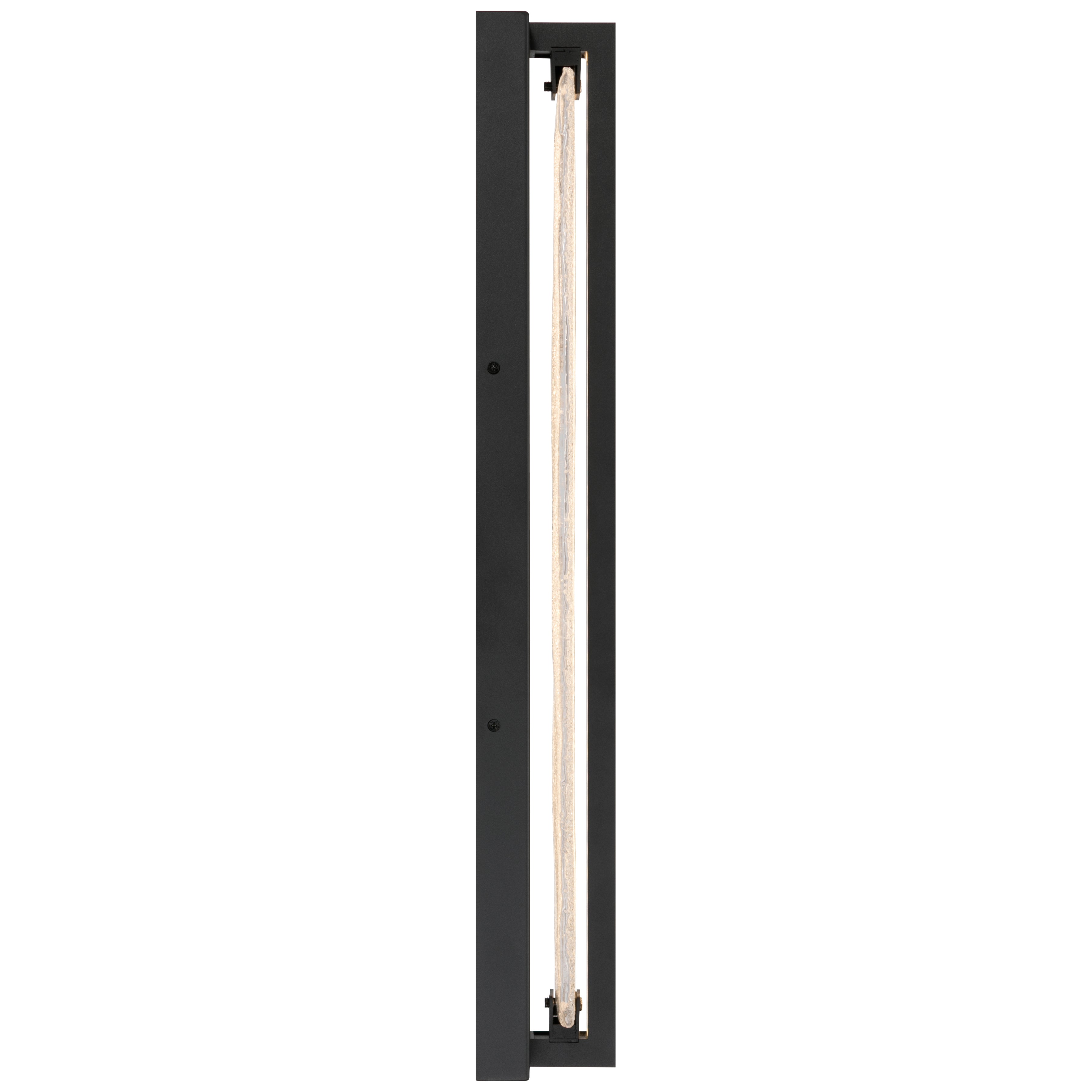 The Riviera LED Outdoor Wall Mount by Access Lighting is a slim, rectangular black wall sconce featuring a vertical, exposed light strip in the center, shown in side profile against a white background.