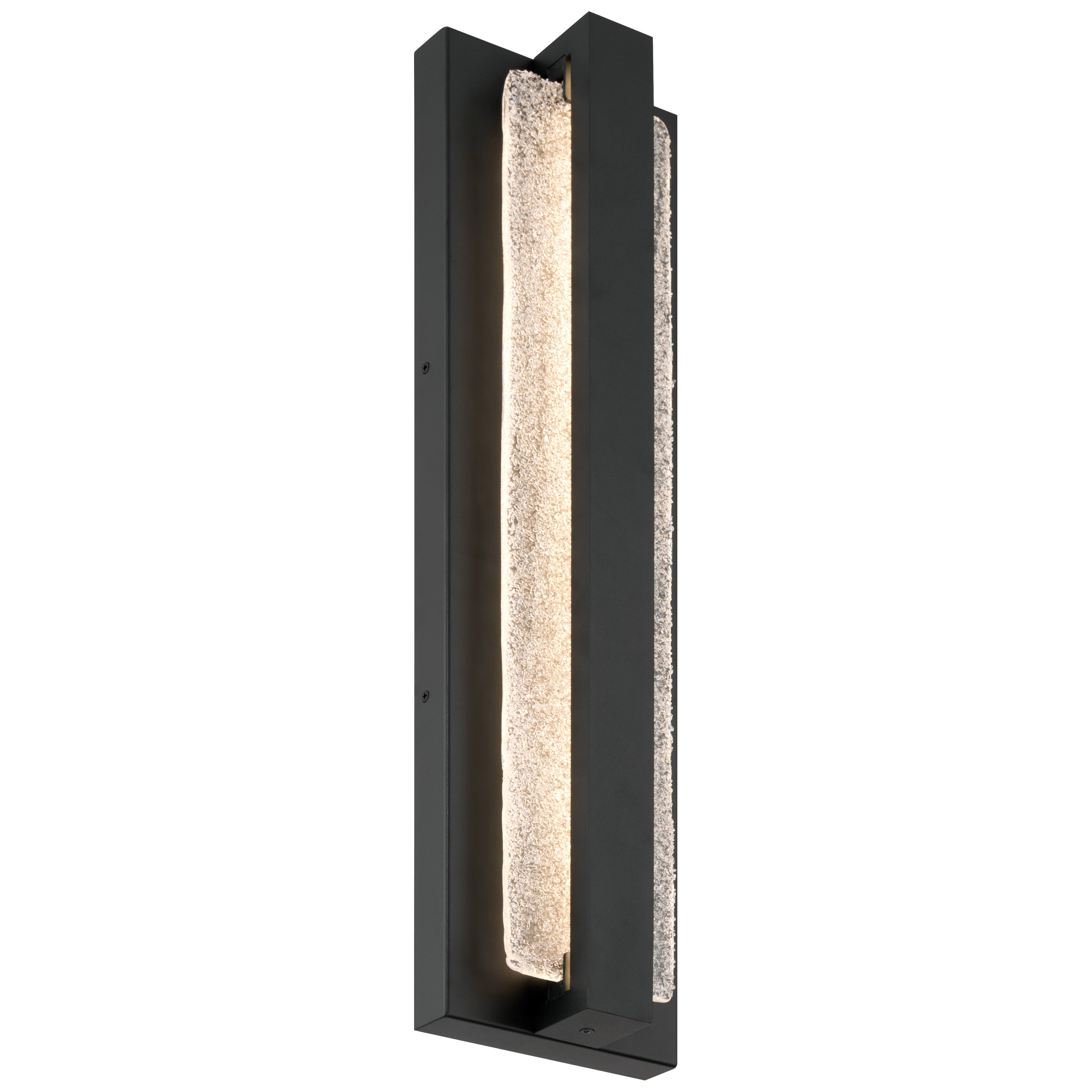 The Riviera LED Outdoor Wall Mount by Access Lighting features a vertical design with a black rectangular frame and a central illuminated textured glass panel, using 24W LED lighting.