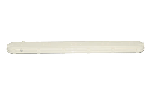 A front-facing view of the GradeONE 34W Selectable LED Vapor Tight Linear, a long, white, rectangular plastic enclosure with rounded ends, set against a white background.