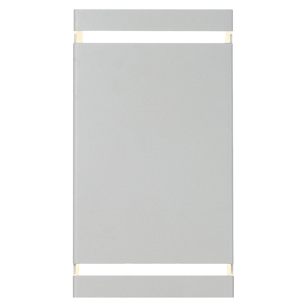 A rectangular, flat, satin-finished metal panel—the La Vida Bi-Directional Outdoor LED Wall Mount by Access Lighting—features two evenly spaced horizontal bars at the top and bottom, with small gaps in each corner.