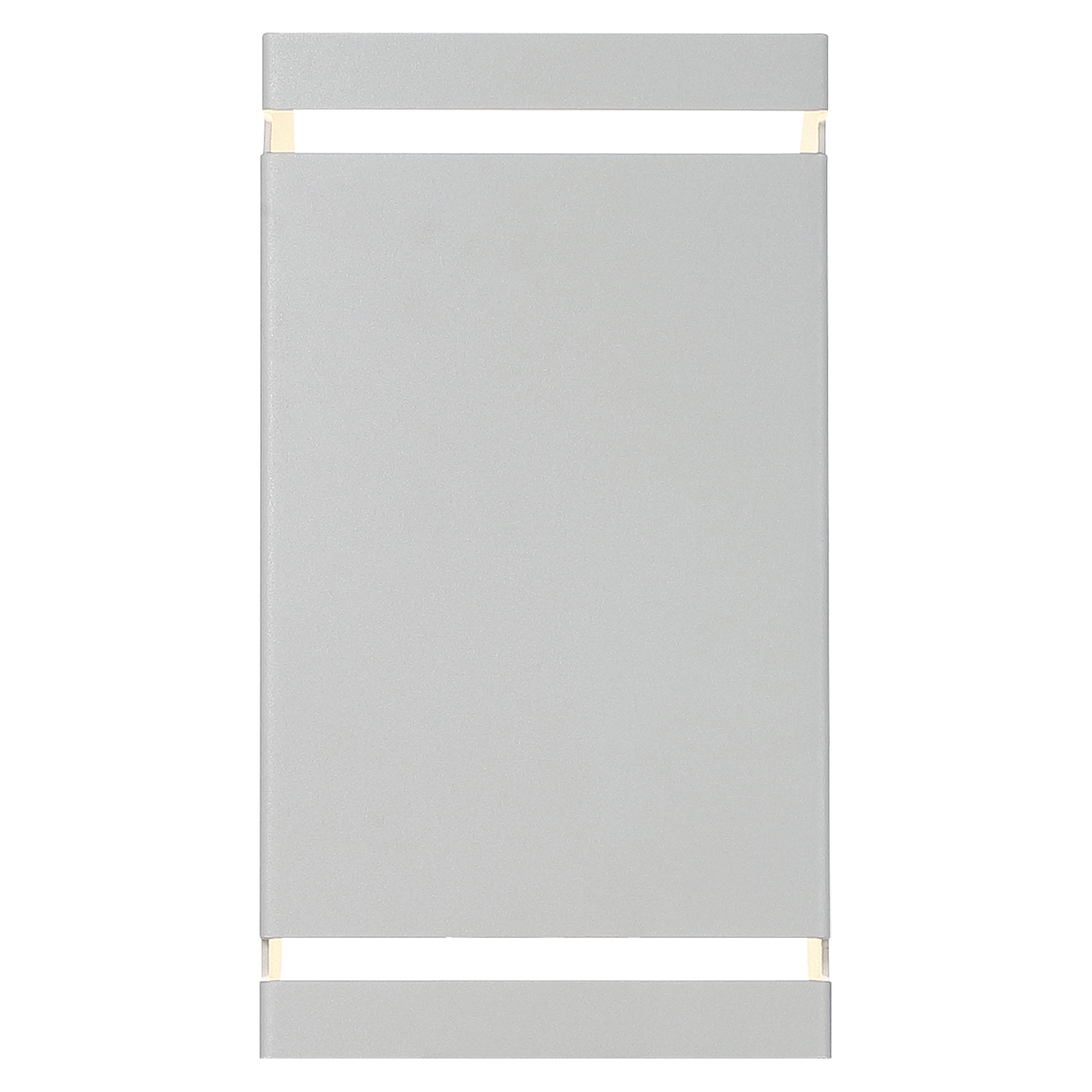 A rectangular, flat, satin-finished metal panel—the La Vida Bi-Directional Outdoor LED Wall Mount by Access Lighting—features two evenly spaced horizontal bars at the top and bottom, with small gaps in each corner.