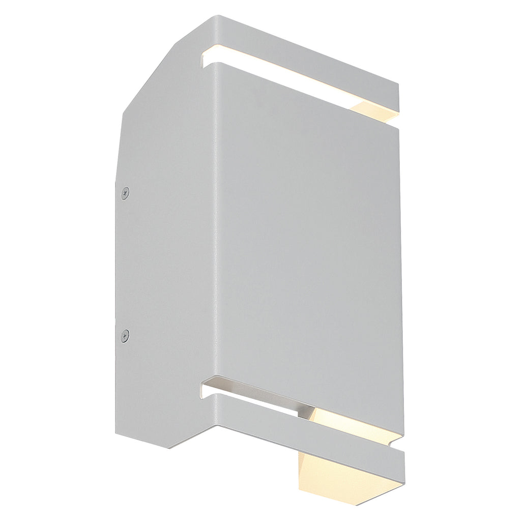 The La Vida Bi-Directional Outdoor LED Wall Mount by Access Lighting, shown in satin finish and 5.5″ size, features a rectangular design with cut-out sections at the top and bottom that emit light, displayed against a plain white background.