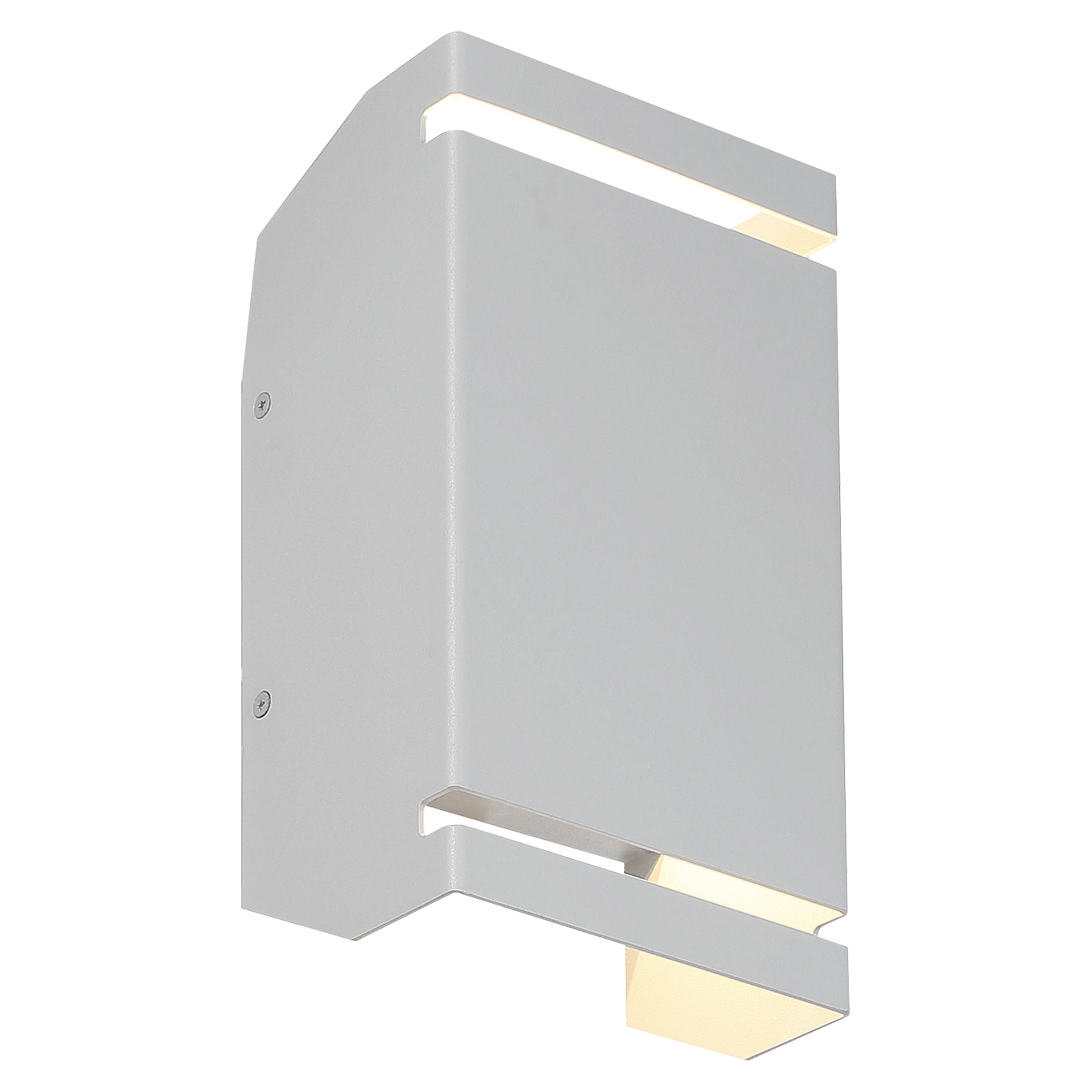The La Vida Bi-Directional Outdoor LED Wall Mount by Access Lighting, shown in satin finish and 5.5″ size, features a rectangular design with cut-out sections at the top and bottom that emit light, displayed against a plain white background.