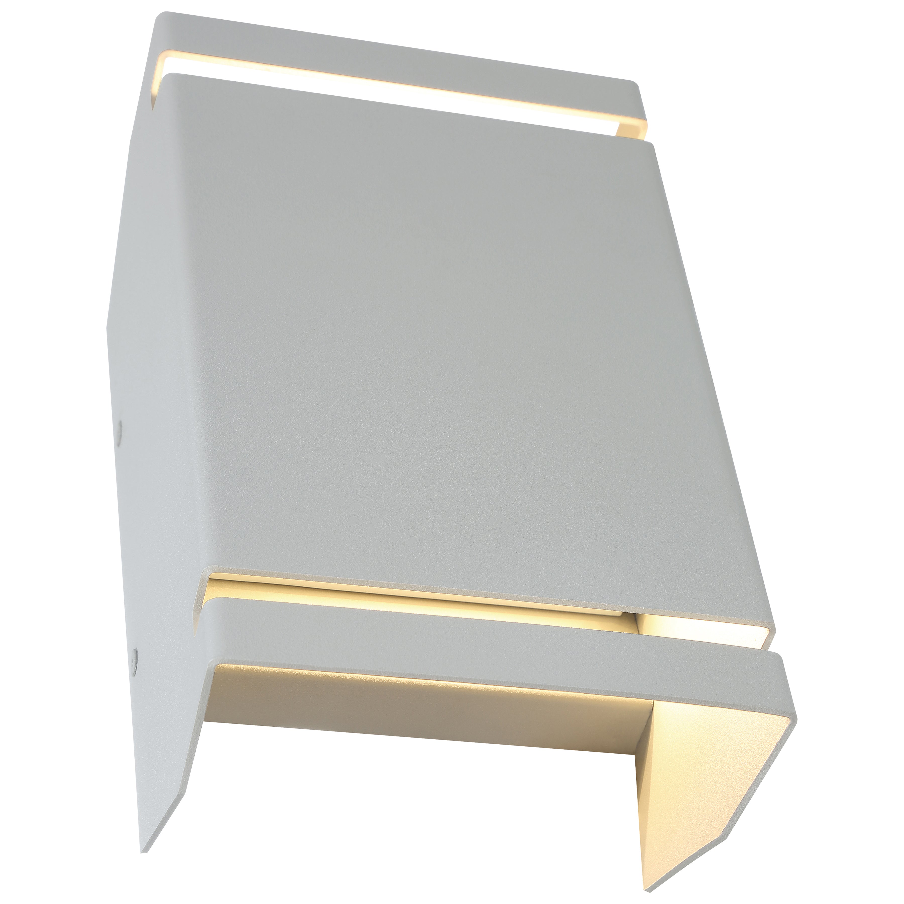 The La Vida Bi-Directional Outdoor LED Wall Mount by Access Lighting features a sleek, angular design in a satin finish and emits gentle illumination from both the top and bottom openings.