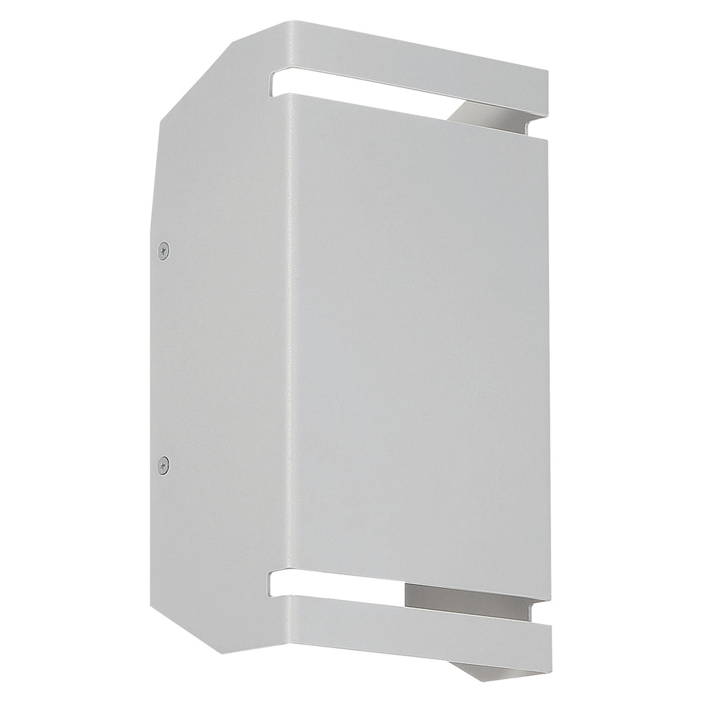The La Vida Bi-Directional Outdoor LED Wall Mount by Access Lighting features a 5.5″ rectangular design in a satin finish, with open slots at the top and bottom for illumination.