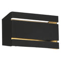 The Access Lighting La Vida Bi-Directional Outdoor LED Wall Mount in black features a rectangular design with gold accents and horizontal slits that allow light to shine through both the top and bottom.