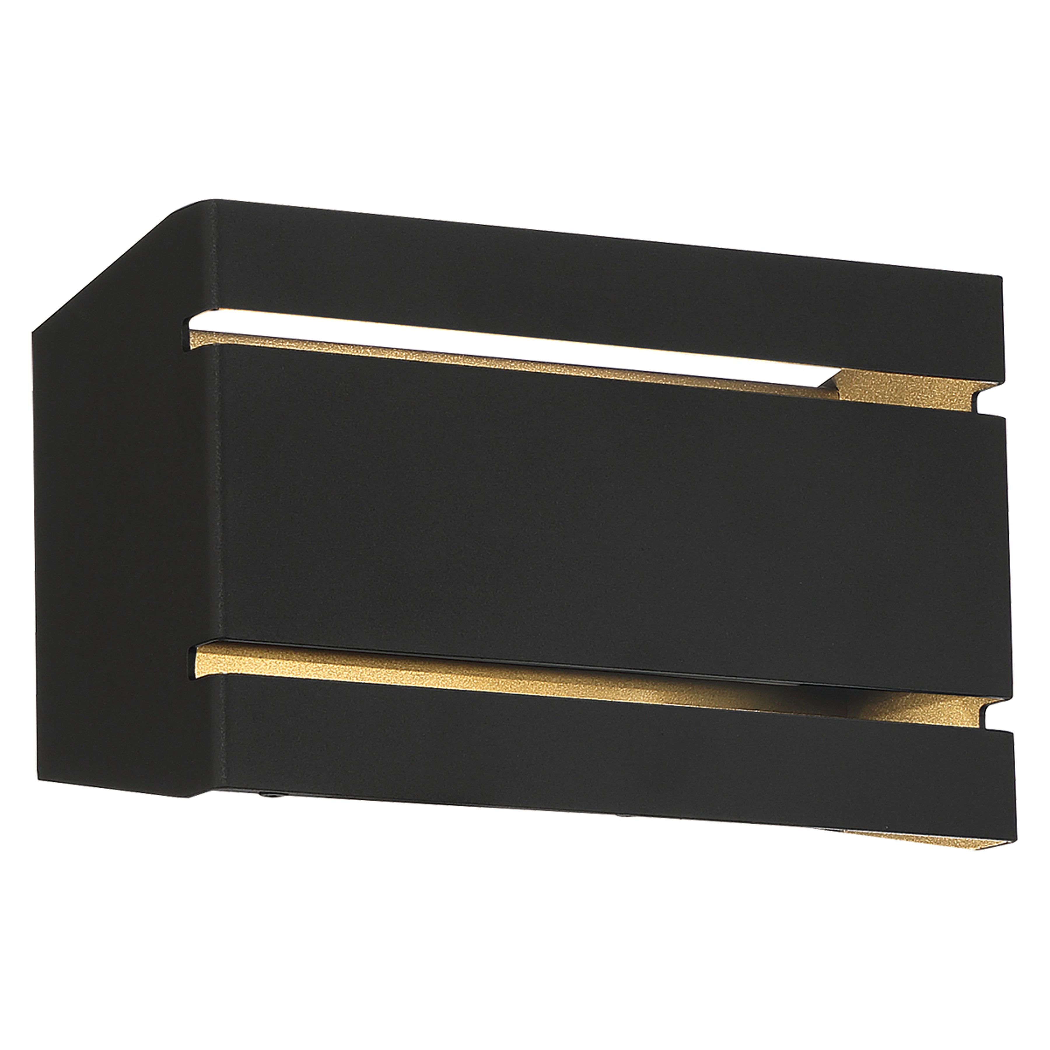 The Access Lighting La Vida Bi-Directional Outdoor LED Wall Mount in black features a rectangular design with gold accents and horizontal slits that allow light to shine through both the top and bottom.