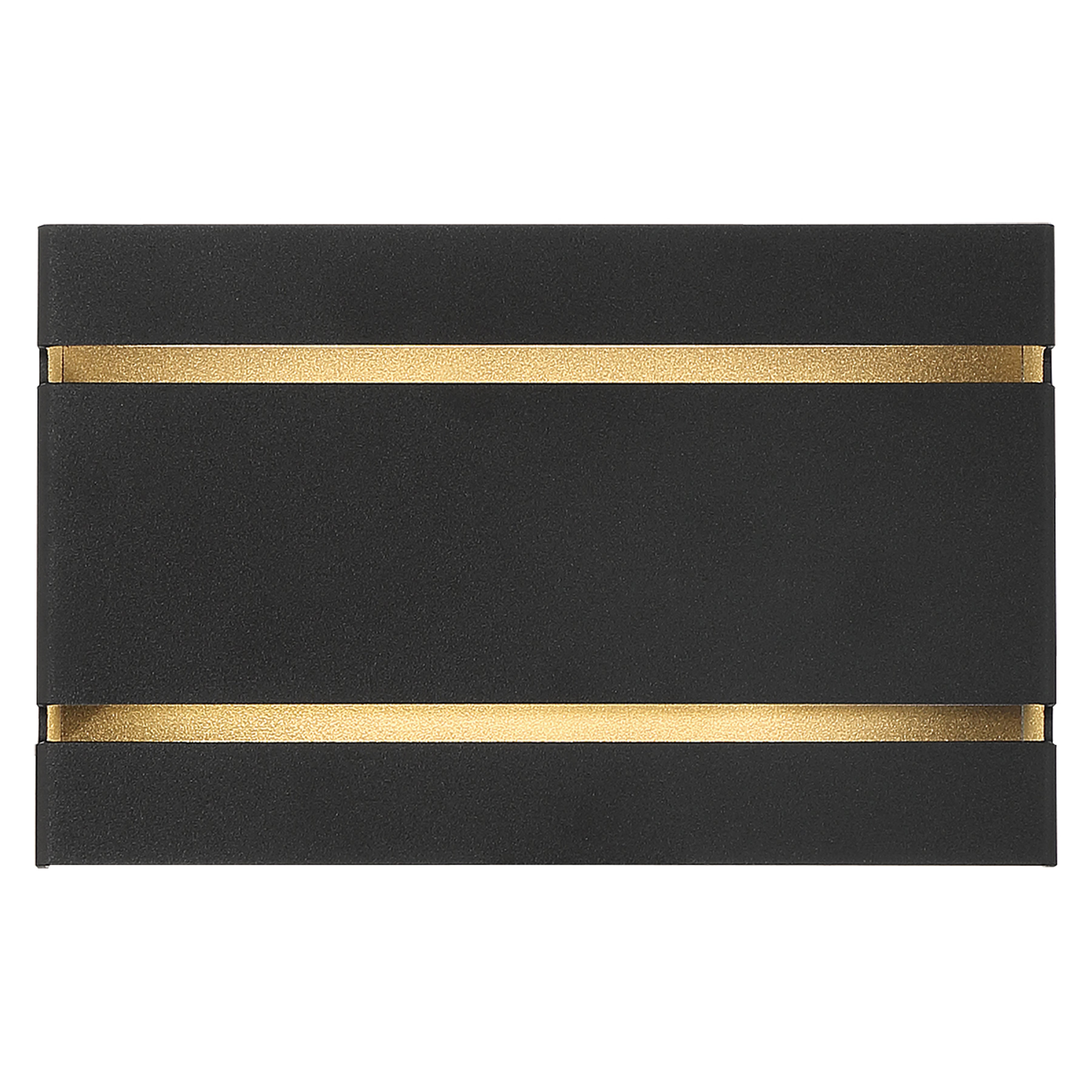 A black rectangular La Vida Bi-Directional Outdoor LED Wall Mount by Access Lighting, measuring 8.75 inches and featuring two parallel horizontal gold bands, is centered on a plain white background.