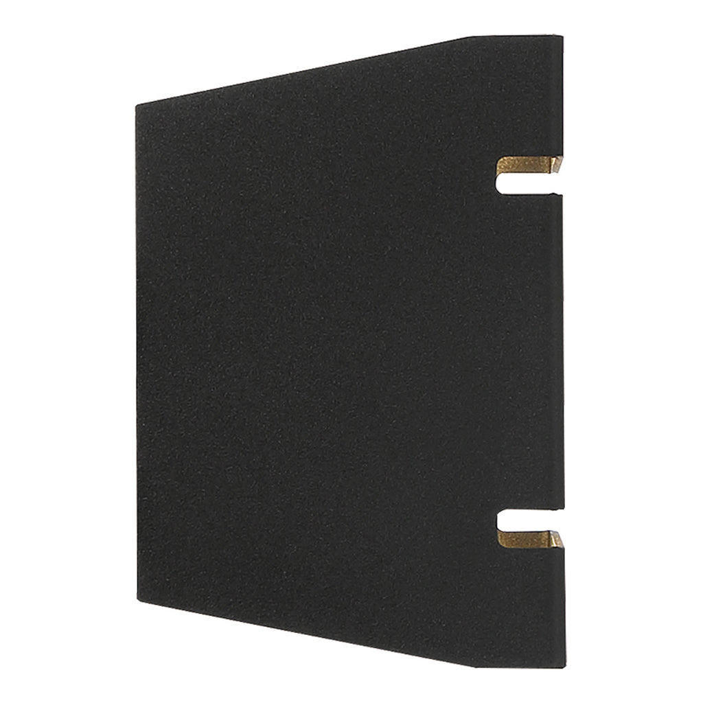 A La Vida Bi-Directional Outdoor LED Wall Mount by Access Lighting in black, featuring two narrow gold-colored accents along one edge, is shown against a white background.