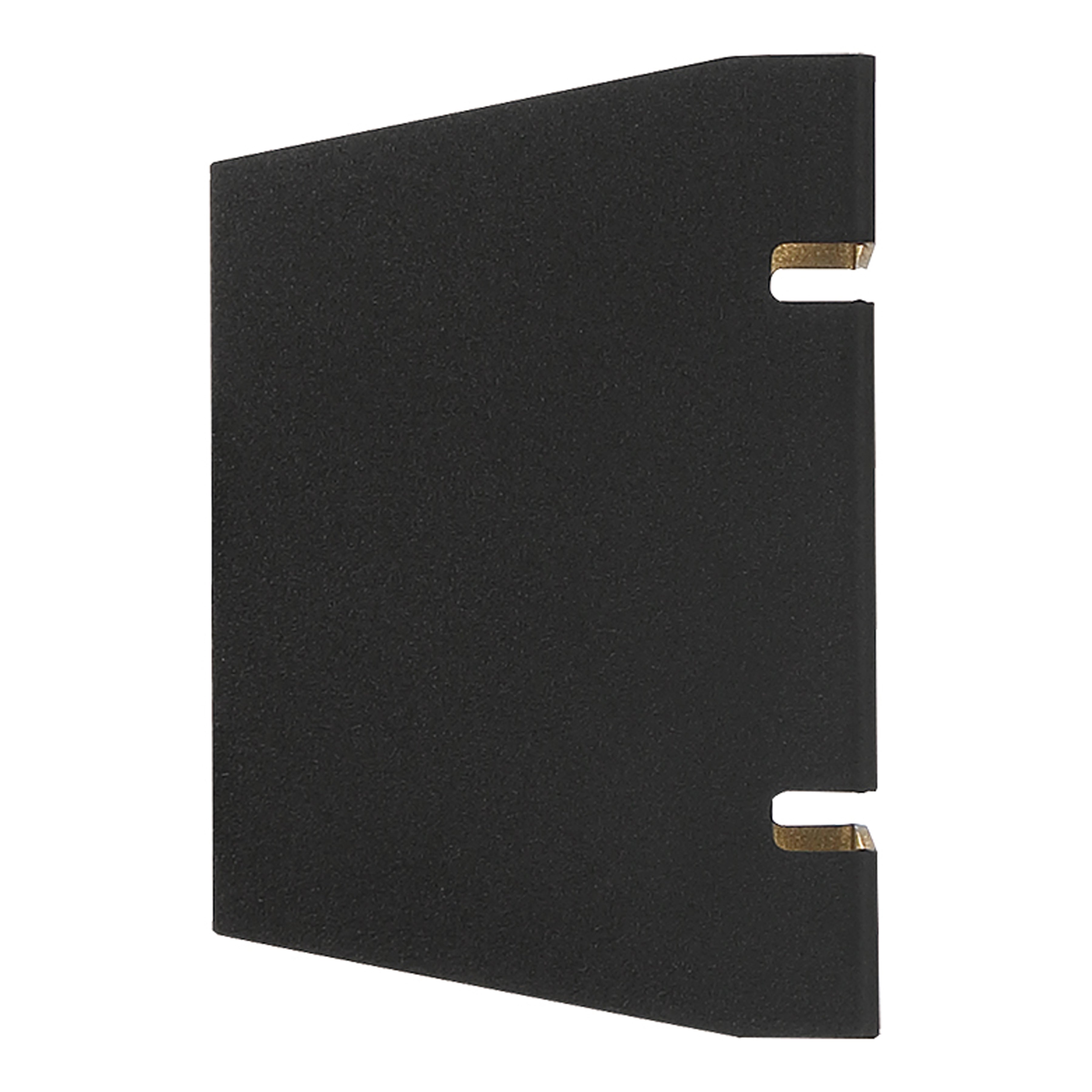 A La Vida Bi-Directional Outdoor LED Wall Mount by Access Lighting in black, featuring two narrow gold-colored accents along one edge, is shown against a white background.