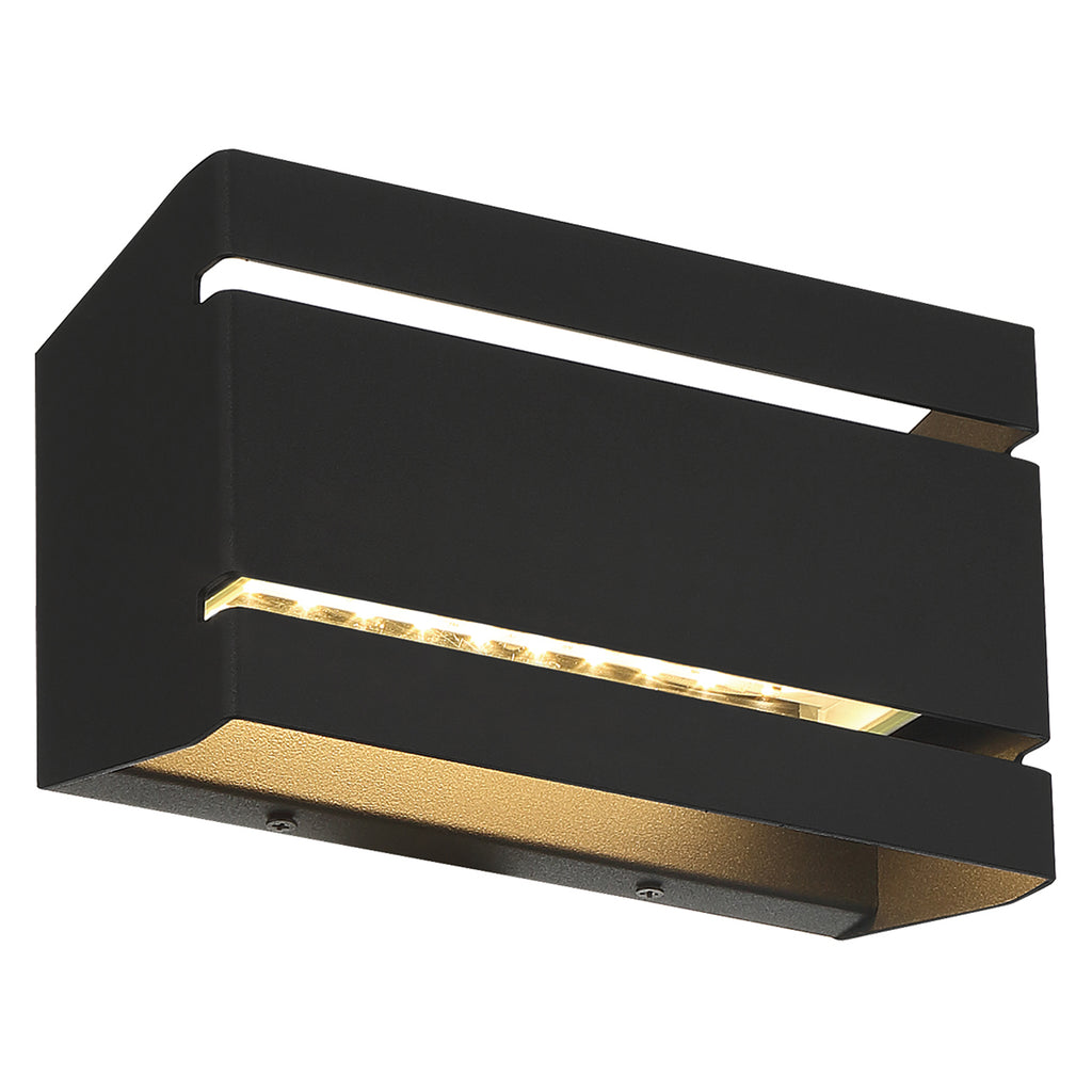 The La Vida Bi-Directional Outdoor LED Wall Mount by Access Lighting features a rectangular black design with open top and bottom, emitting light from the middle section.