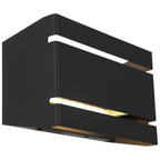 The La Vida Bi-Directional Outdoor LED Wall Mount by Access Lighting features a modern black design with clean lines and two slim horizontal openings that emit light from both the top and bottom.