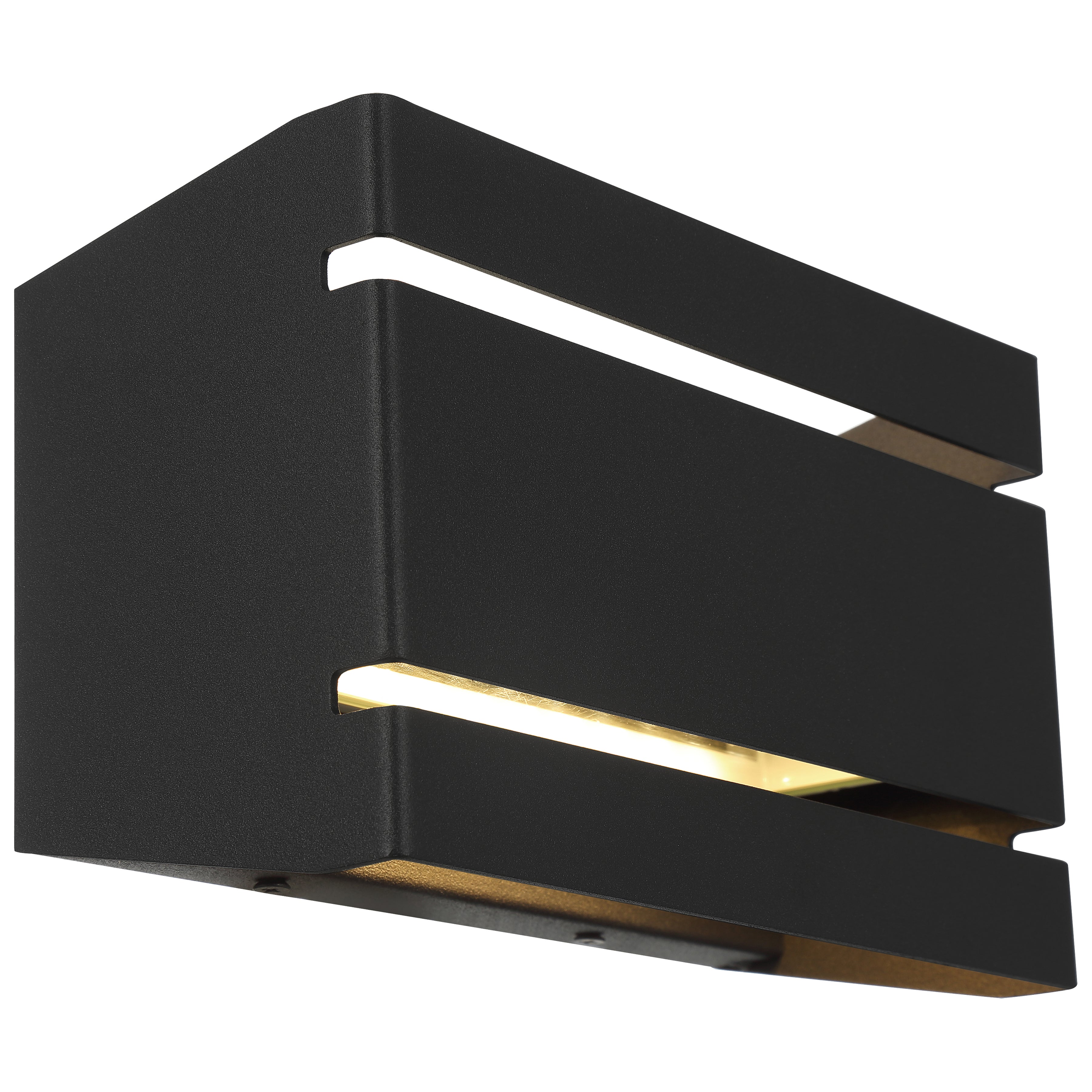 The La Vida Bi-Directional Outdoor LED Wall Mount by Access Lighting features a modern black design with clean lines and two slim horizontal openings that emit light from both the top and bottom.