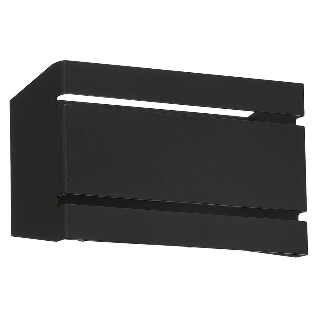 La Vida Bi-Directional Outdoor LED Wall Mount by Access Lighting in black, measuring 8.75 inches, features a rectangular design with two horizontal slits for light emission, displayed against a white background.