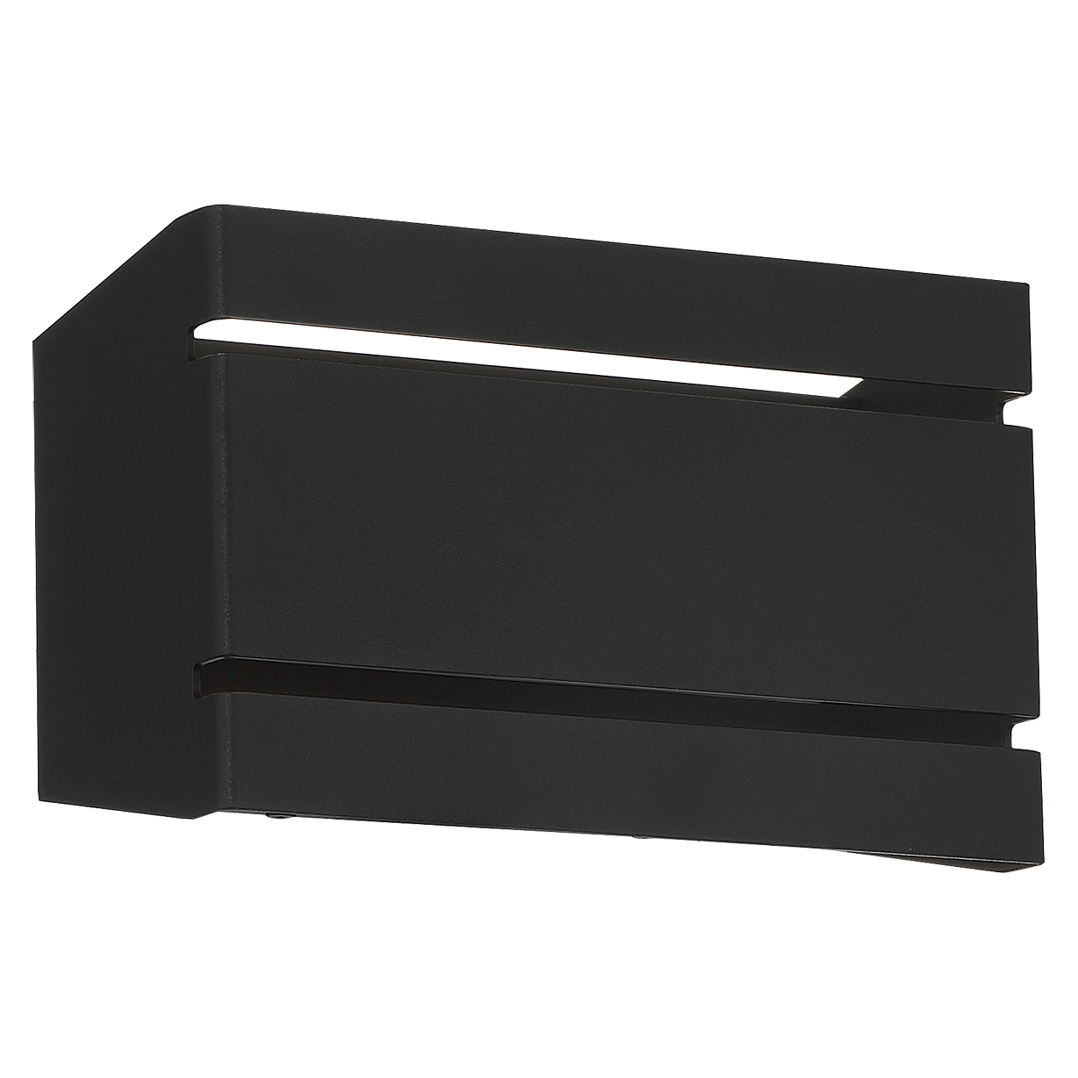 La Vida Bi-Directional Outdoor LED Wall Mount by Access Lighting in black, measuring 8.75 inches, features a rectangular design with two horizontal slits for light emission, displayed against a white background.