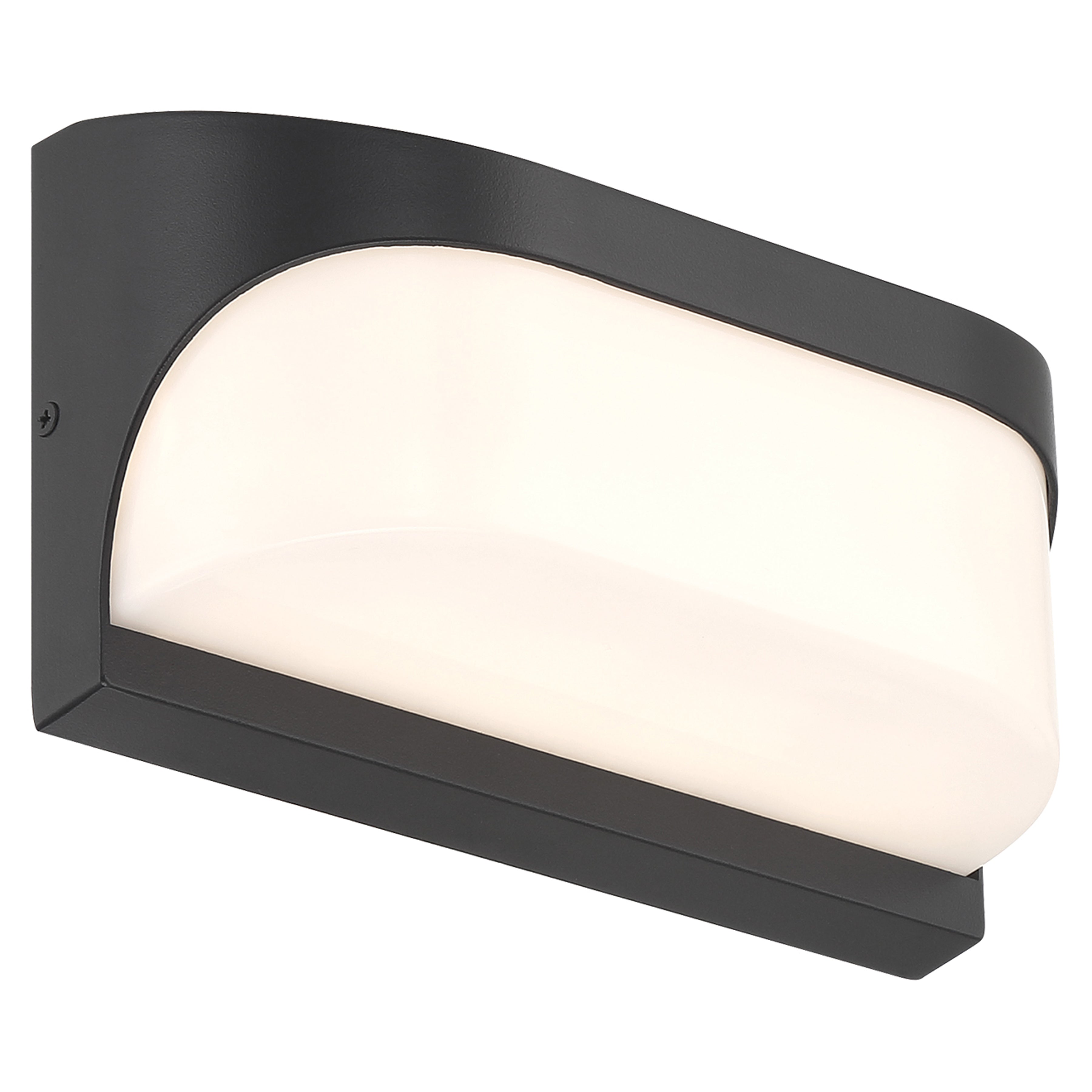 The Laguna Outdoor LED Wall Mount by Access Lighting features a modern design with a rectangular black base and a frosted white curved cover that gently diffuses light.