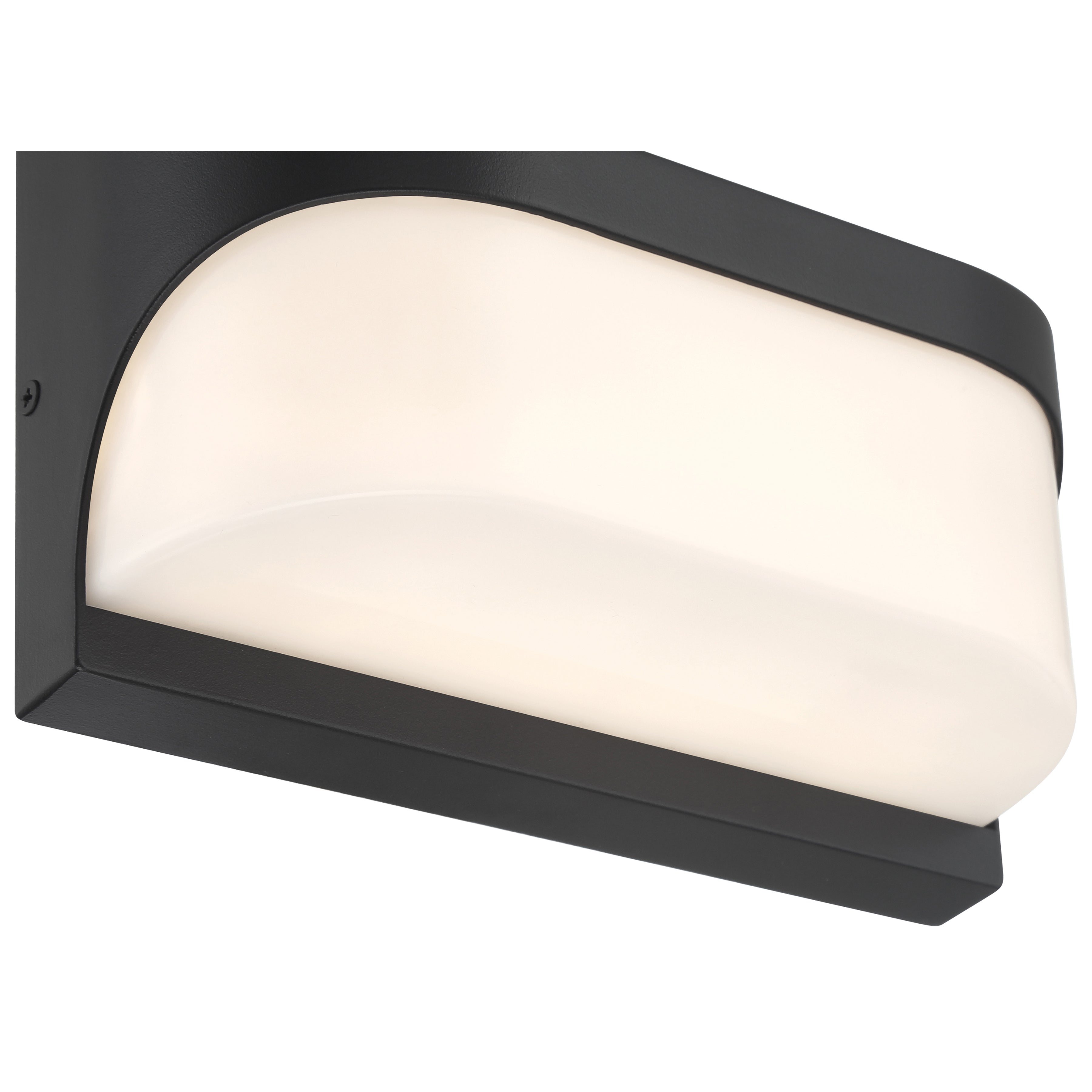 The Laguna Outdoor LED Wall Mount by Access Lighting features a rectangular design with a black frame and a frosted white cover, as seen from a side angle.