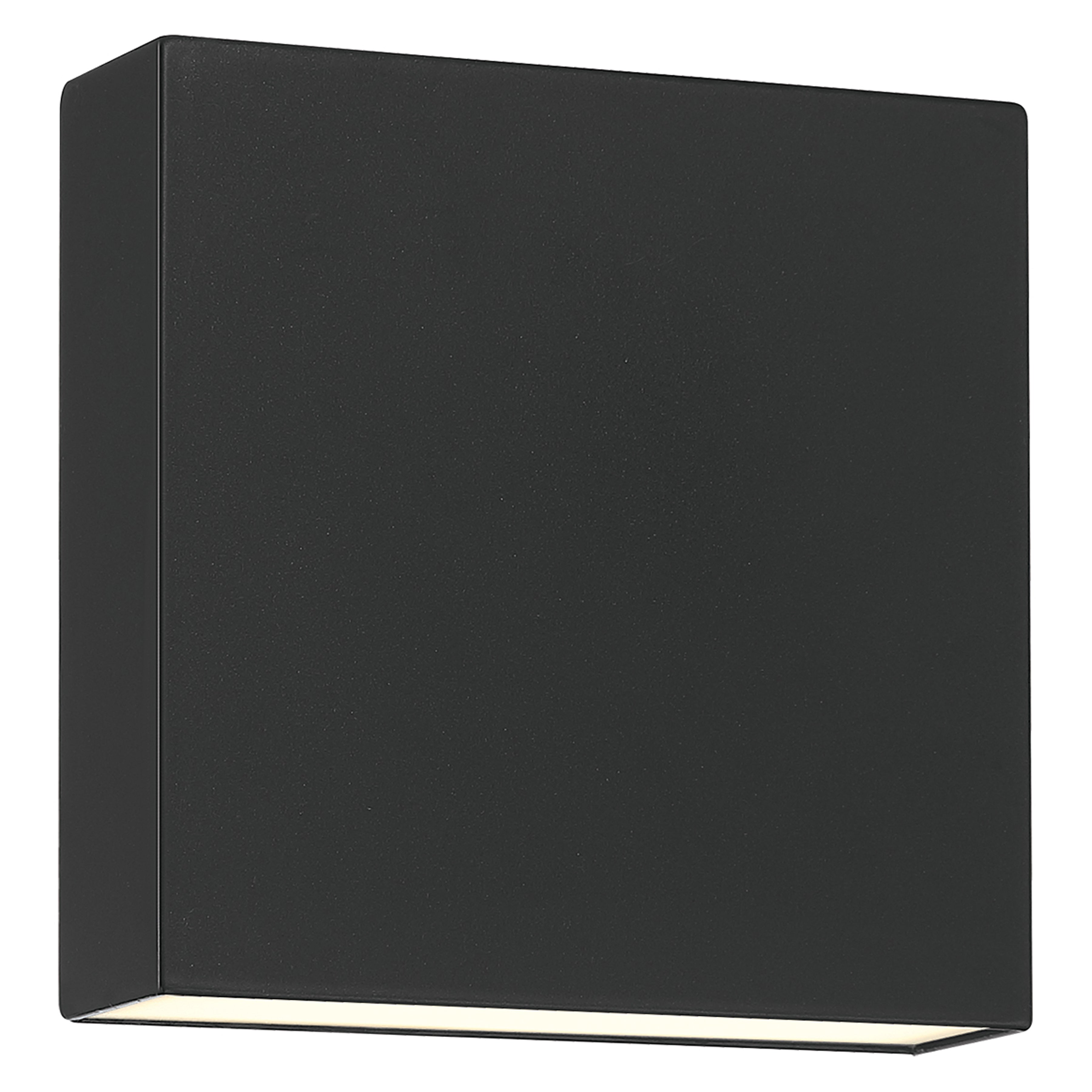The Strand Bi-Directional Outdoor LED Wall Mount by Access Lighting is a square black wall-mounted fixture featuring a subtle glow emanating from its bottom edge.