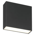 The Strand Bi-Directional Outdoor LED Wall Mount by Access Lighting is a rectangular black wall light fixture featuring a glowing white underside, shown against a plain white background.