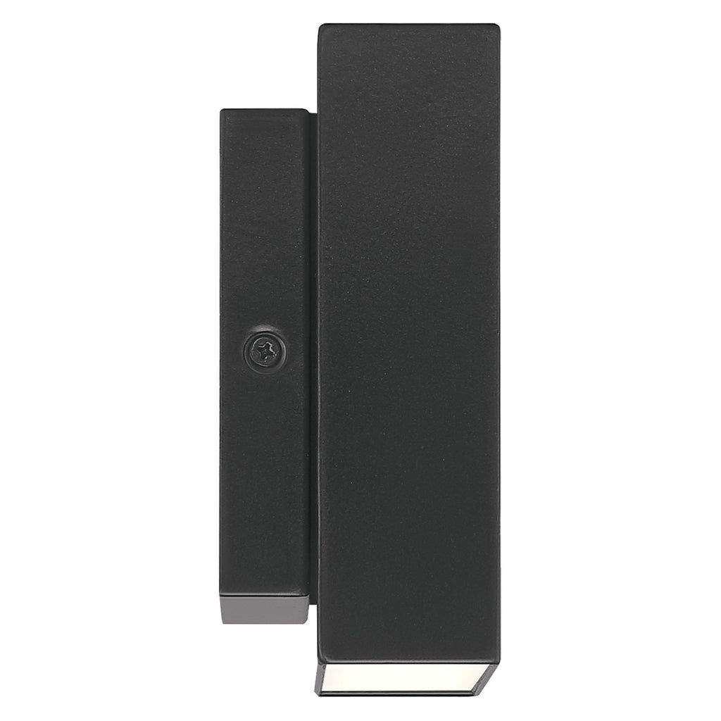 Strand Bi-Directional Outdoor LED Wall Mount by Access Lighting, featuring a minimalist rectangular black design, shown front-facing against a white background.