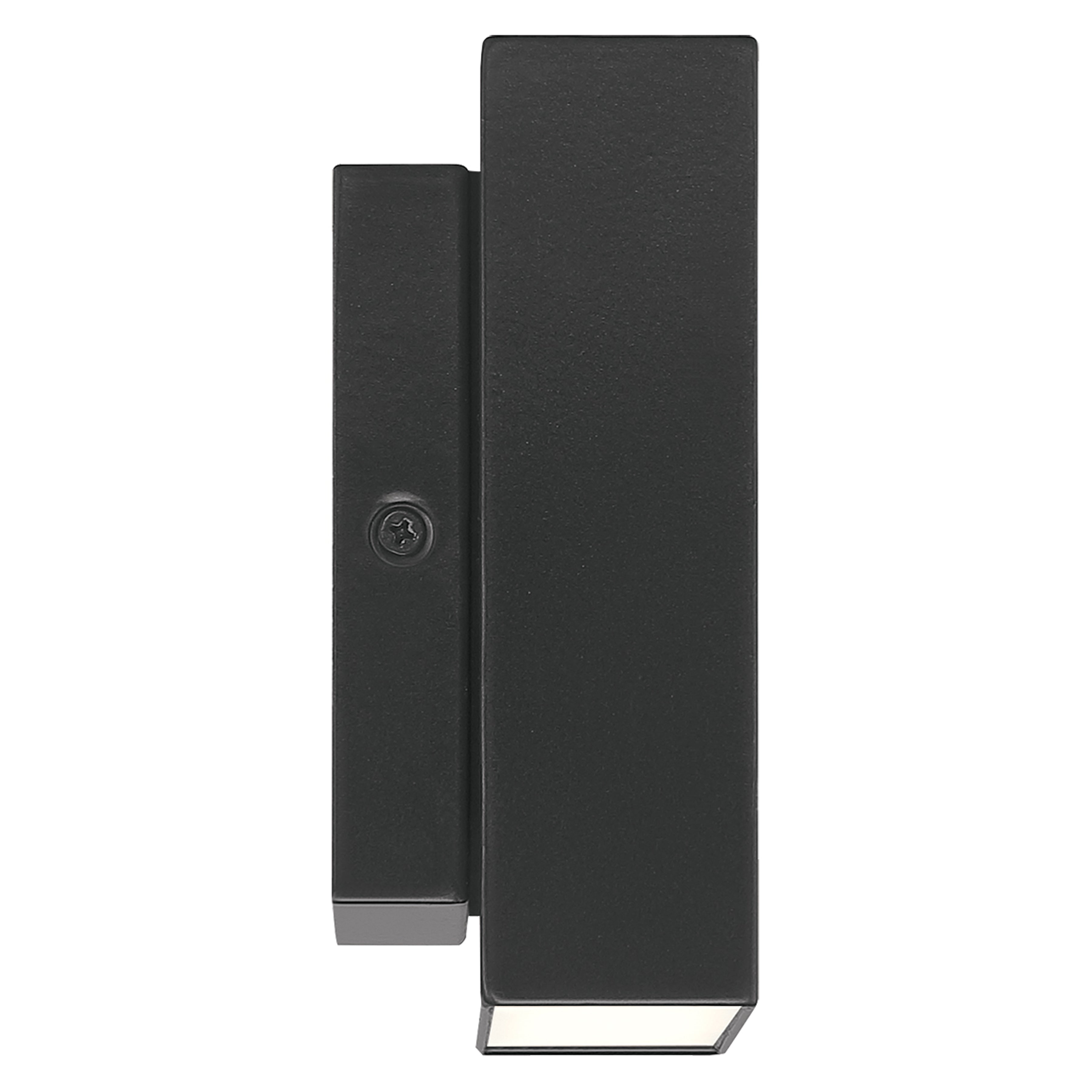 Strand Bi-Directional Outdoor LED Wall Mount by Access Lighting, featuring a minimalist rectangular black design, shown front-facing against a white background.