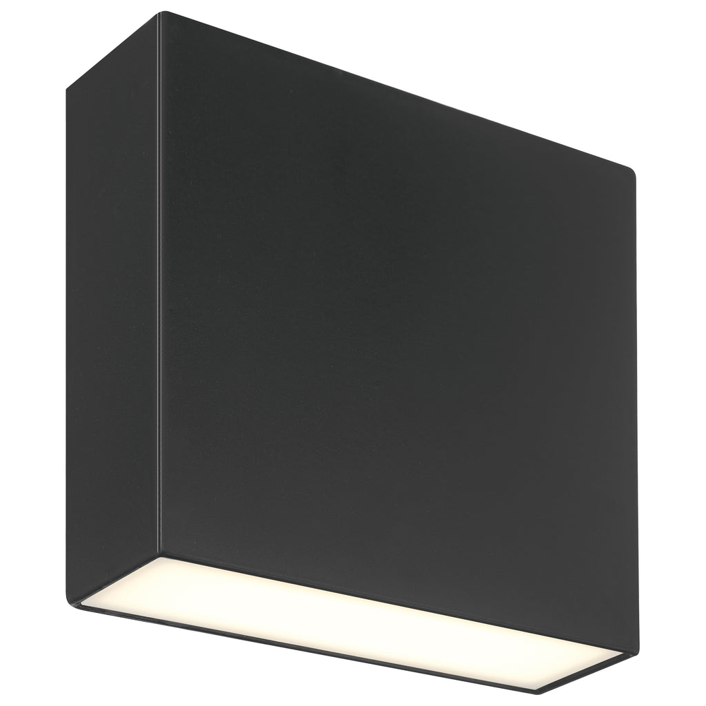 The Access Lighting Strand Bi-Directional Outdoor LED Wall Mount, a modern rectangular black wall fixture featuring a diffused white light panel on one side, is photographed against a white background.