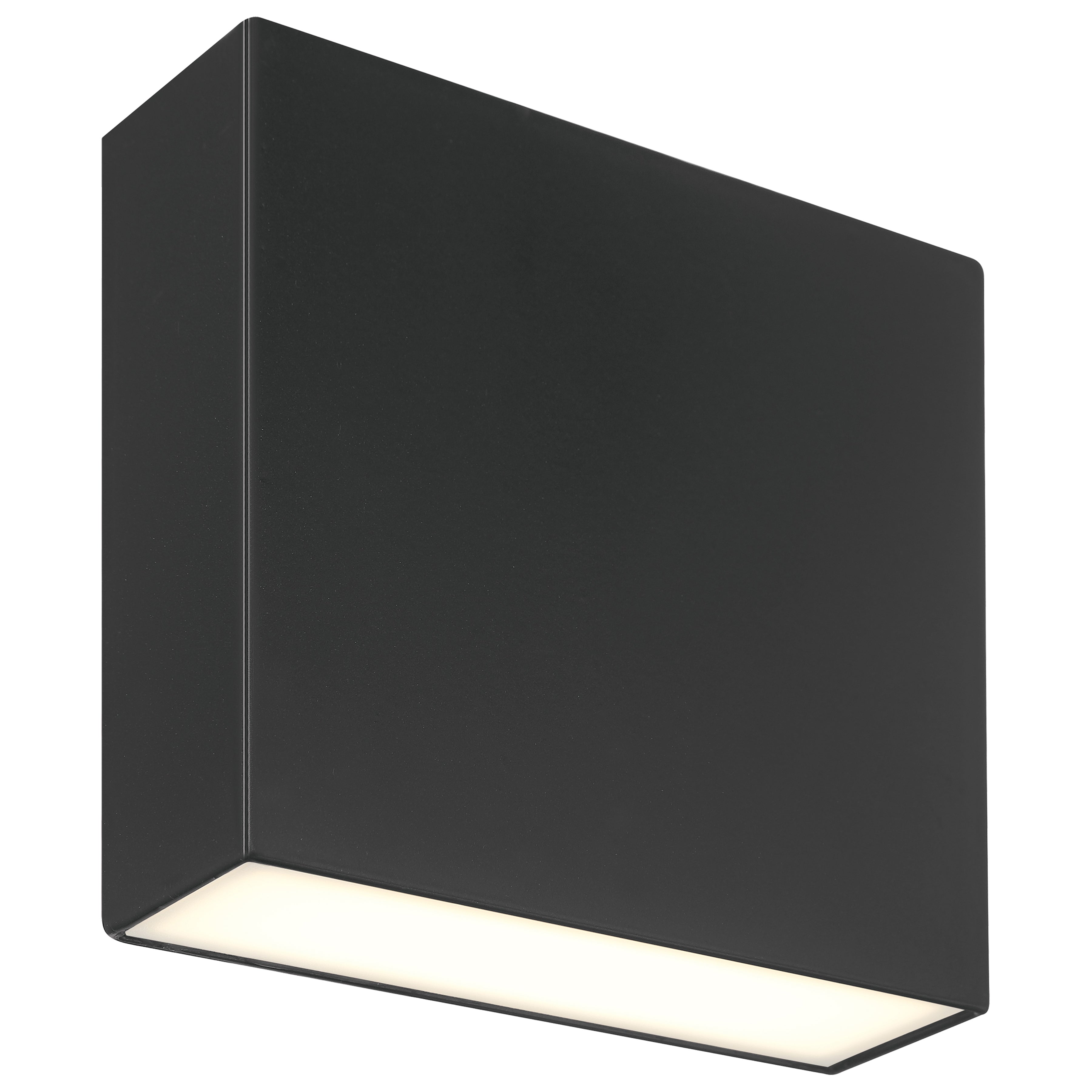 The Access Lighting Strand Bi-Directional Outdoor LED Wall Mount, a modern rectangular black wall fixture featuring a diffused white light panel on one side, is photographed against a white background.