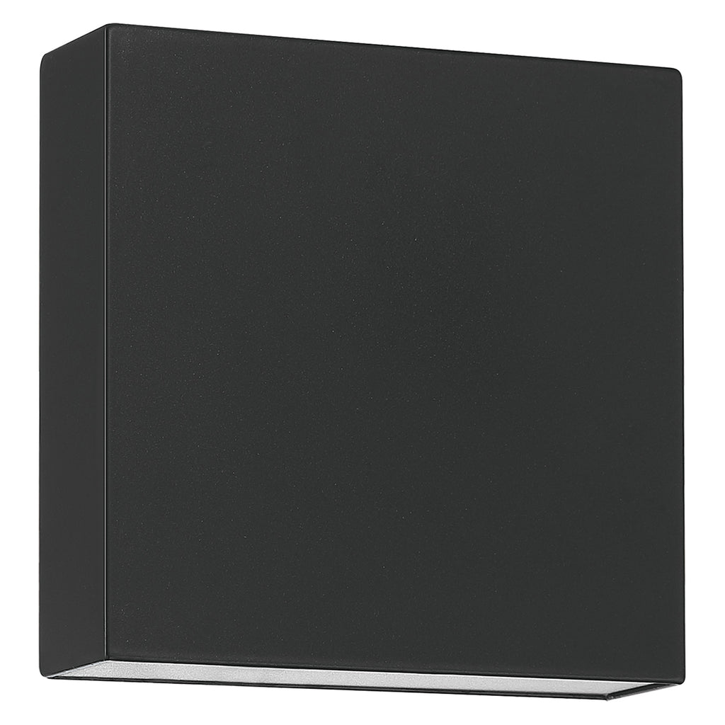 The Access Lighting Strand Bi-Directional Outdoor LED Wall Mount is a black, square-shaped fixture with a minimalist design, shown from an angle displaying both the front and one side panel.