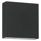 The Access Lighting Strand Bi-Directional Outdoor LED Wall Mount is a black, square-shaped fixture with a minimalist design, shown from an angle displaying both the front and one side panel.