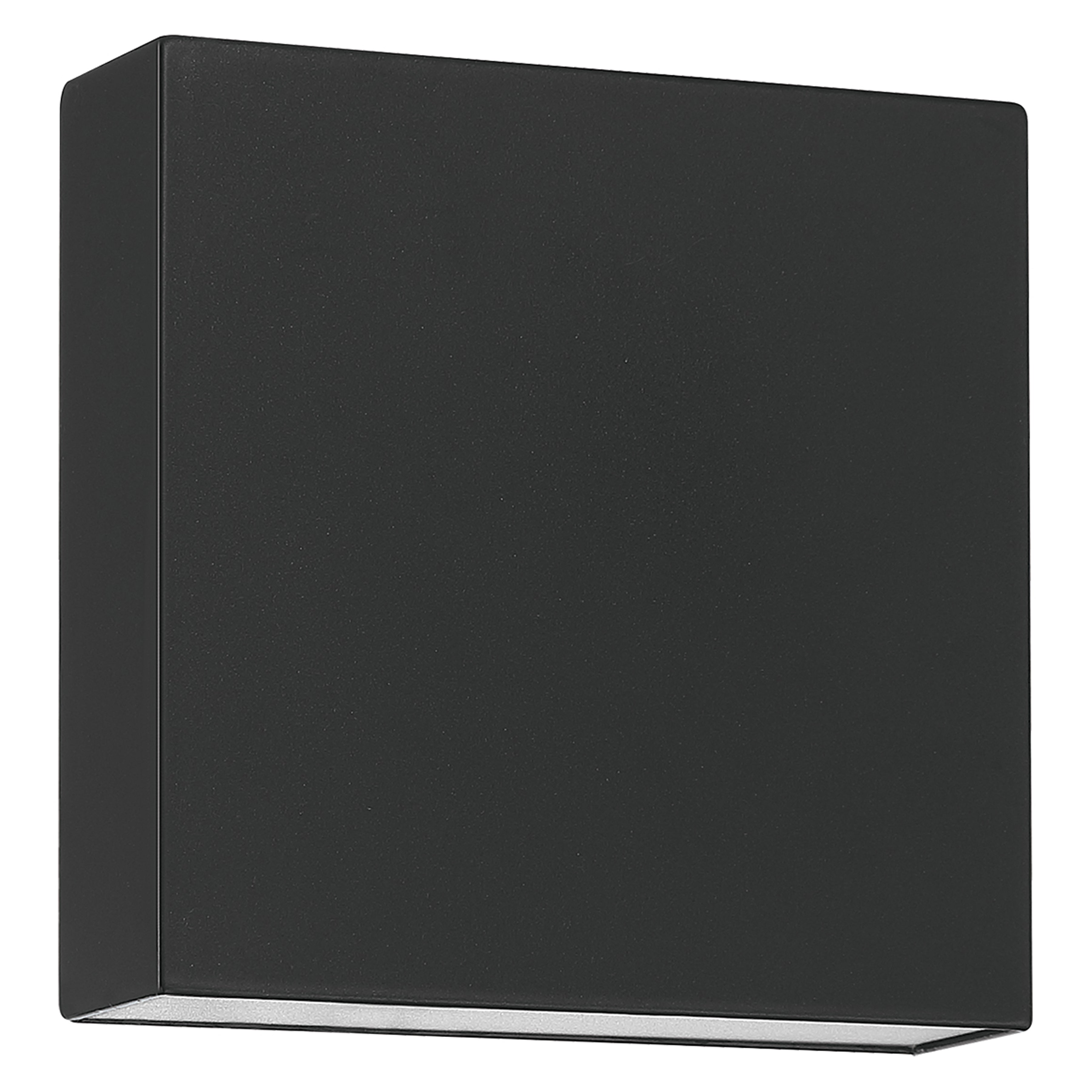 The Access Lighting Strand Bi-Directional Outdoor LED Wall Mount is a black, square-shaped fixture with a minimalist design, shown from an angle displaying both the front and one side panel.